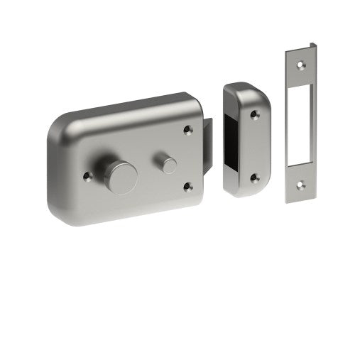 Allegion Rim Night Latch with stainless steel finish, keyhole and locking mechanism for secure door entry.