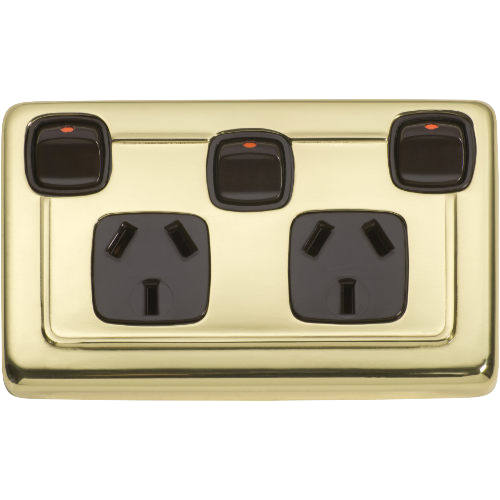 Socket Flat Plate Rocker Double With Switch Brown Polished Brass H72xW115mm in Polished Brass