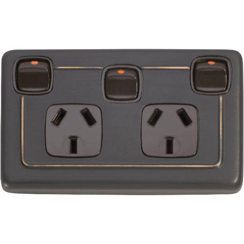 Socket Flat Plate Rocker Double With Switch Brown Antique Copper H72xW115mm in Antique Copper