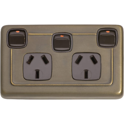 Socket Flat Plate Rocker Double With Switch Brown Antique Brass H72xW115mm in Antique Brass