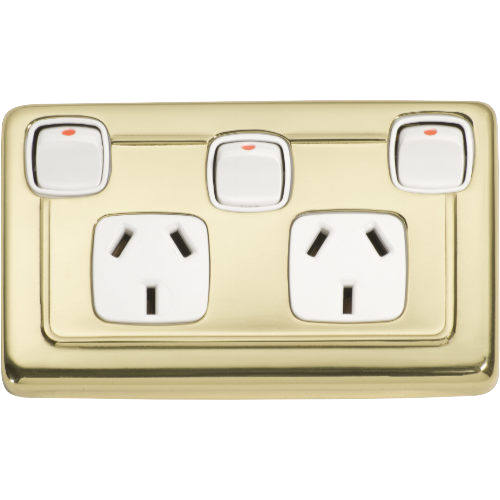 Socket Flat Plate Rocker Double With Switch White Polished Brass H72xW115mm in White / Polished Brass
