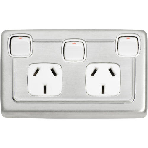 Socket Flat Plate Rocker Double With Switch White Satin Chrome H72xW115mm in Satin Chrome