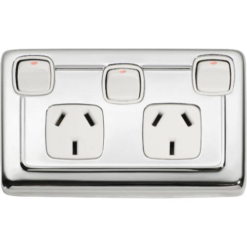 Socket Flat Plate Rocker Double With Switch White Chrome Plated H72xW115mm in Chrome Plated