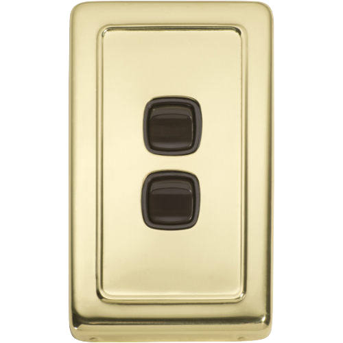 Switch Flat Plate Rocker 2 Gang Brown Polished Brass H115xW72mm in Polished Brass