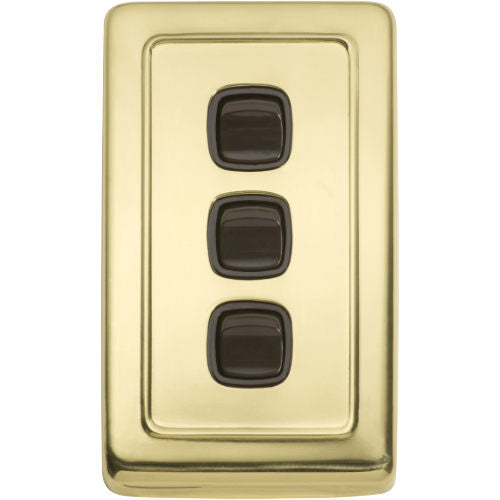 Switch Flat Plate Rocker 3 Gang Brown Polished Brass H115xW72mm in Polished Brass