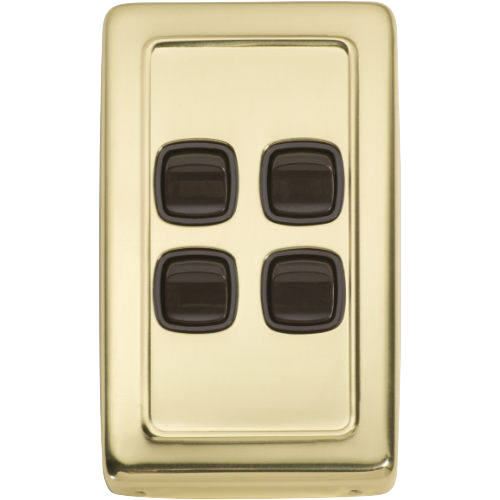 Switch Flat Plate Rocker 4 Gang Brown Polished Brass H115xW72mm in Polished Brass
