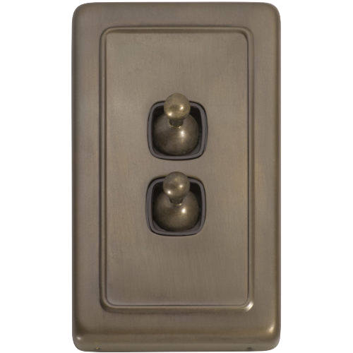Switch Flat Plate Toggle 2 Gang Brown Antique Brass H115xW72mm in Antique Brass