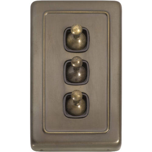 Switch Flat Plate Toggle 3 Gang Brown Antique Brass H115xW72mm in Antique Brass