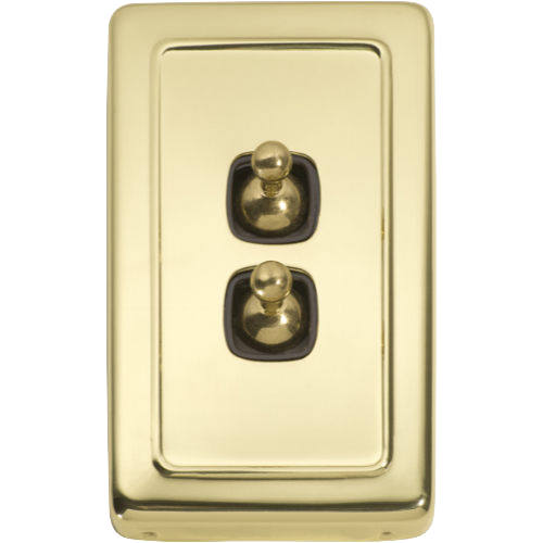 Switch Flat Plate Toggle 2 Gang Brown Polished Brass H115xW72mm in Polished Brass