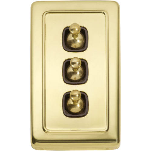 Switch Flat Plate Toggle 3 Gang Brown Polished Brass H115xW72mm in Polished Brass