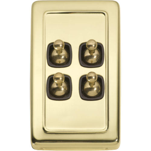 Switch Flat Plate Toggle 4 Gang Brown Polished Brass H115xW72mm in Polished Brass