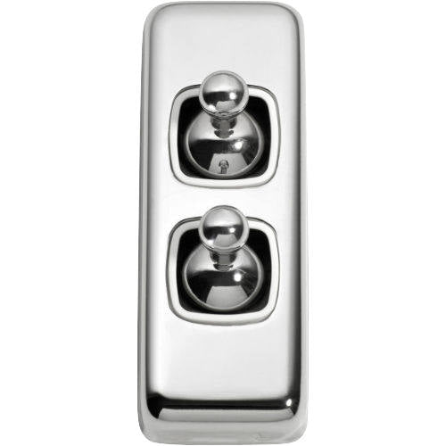 Switch Flat Plate Toggle 2 Gang White Chrome Plated H82xW30mm in Chrome Plated