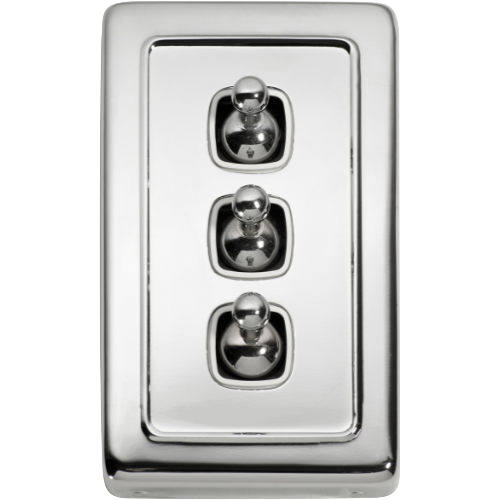 Switch Flat Plate Toggle 3 Gang White Chrome Plated H115xW72mm in Chrome Plated