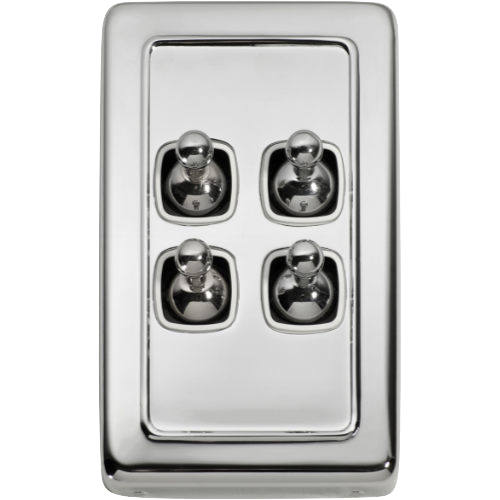 Switch Flat Plate Toggle 4 Gang White Chrome Plated H115xW72mm in Chrome Plated