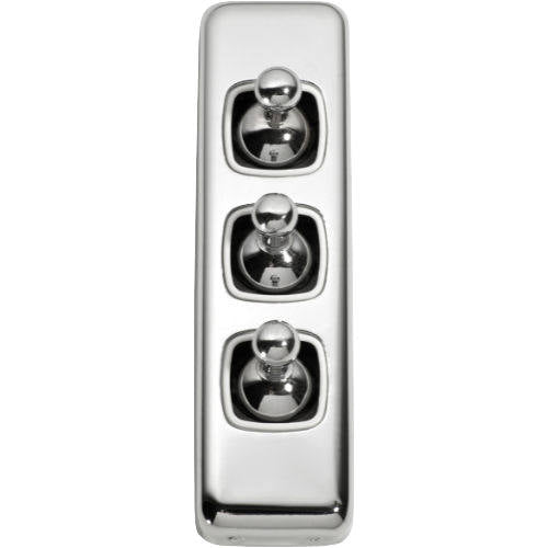 Switch Flat Plate Toggle 3 Gang White Chrome Plated H108xW30mm in Chrome Plated