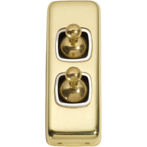 Switch Flat Plate Toggle 2 Gang White Polished Brass H82xW30mm in White / Polished Brass