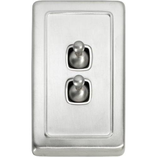 Switch Flat Plate Toggle 2 Gang White Satin Chrome H115xW72mm in Satin Chrome