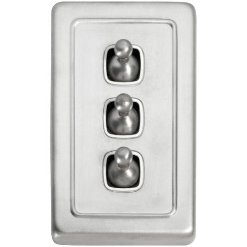 Switch Flat Plate Toggle 3 Gang White Satin Chrome H115xW72mm in Satin Chrome
