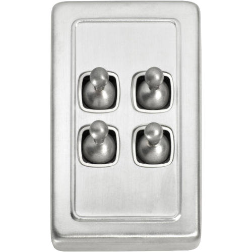 Switch Flat Plate Toggle 4 Gang White Satin Chrome H115xW72mm in Satin Chrome